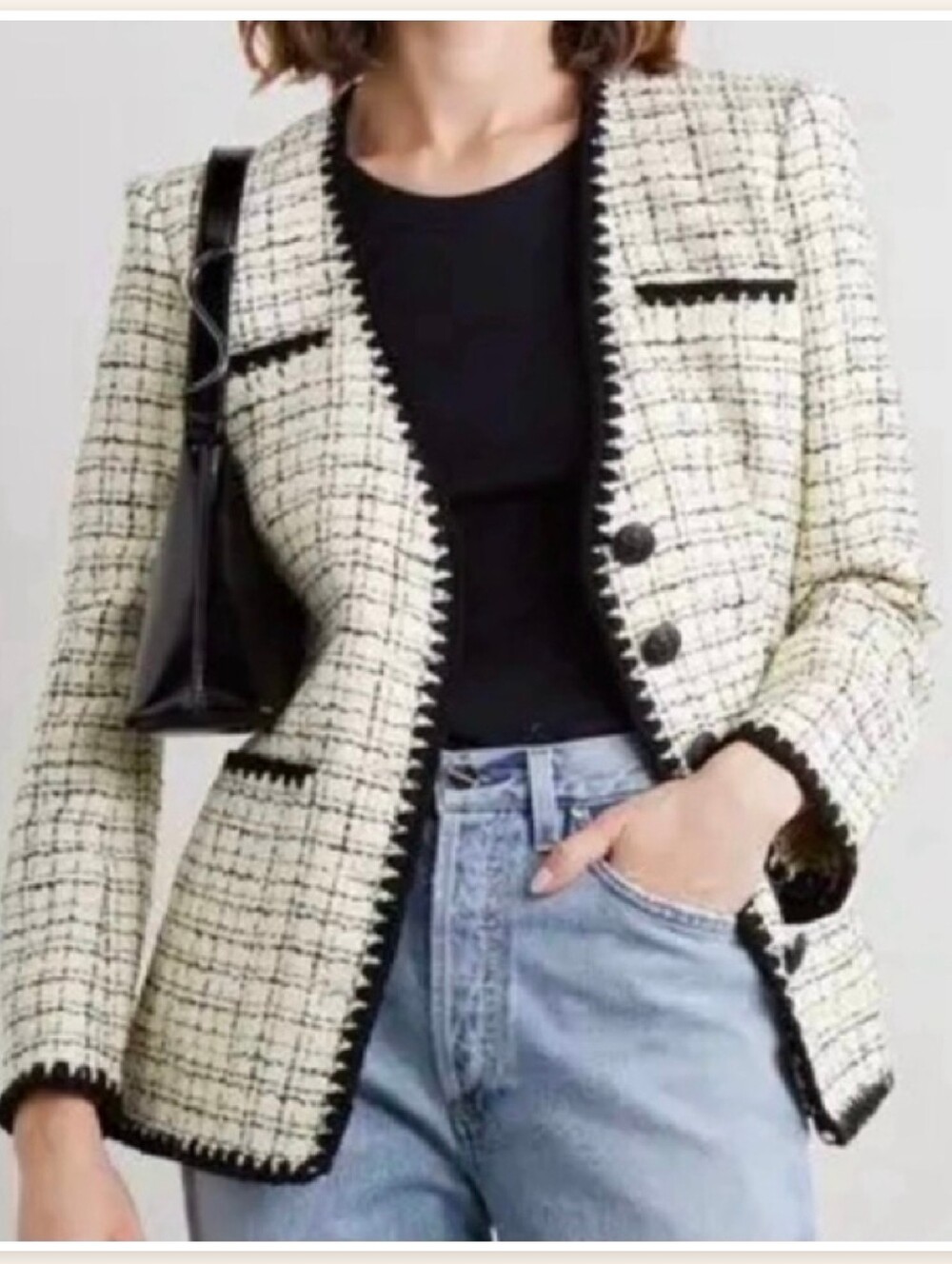 Veronica Beard Plaid Black White Cream Albia Tweed Blazer 0 Lady Jacket